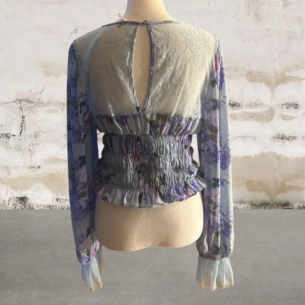 Free People $128 Daphne Blouse in Silver Blue Combo Size Large